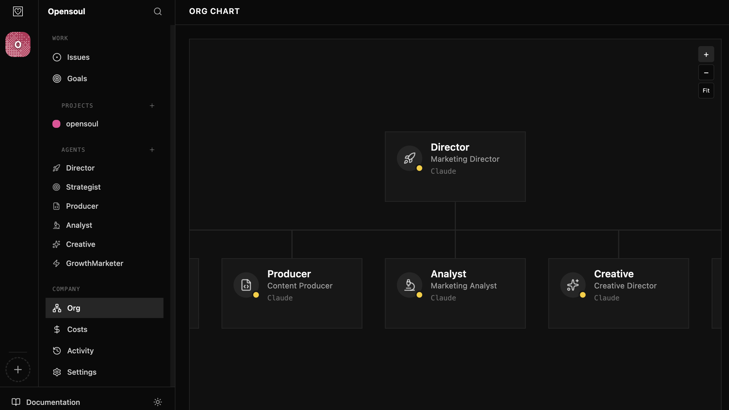 Opensoul org chart showing agent hierarchy